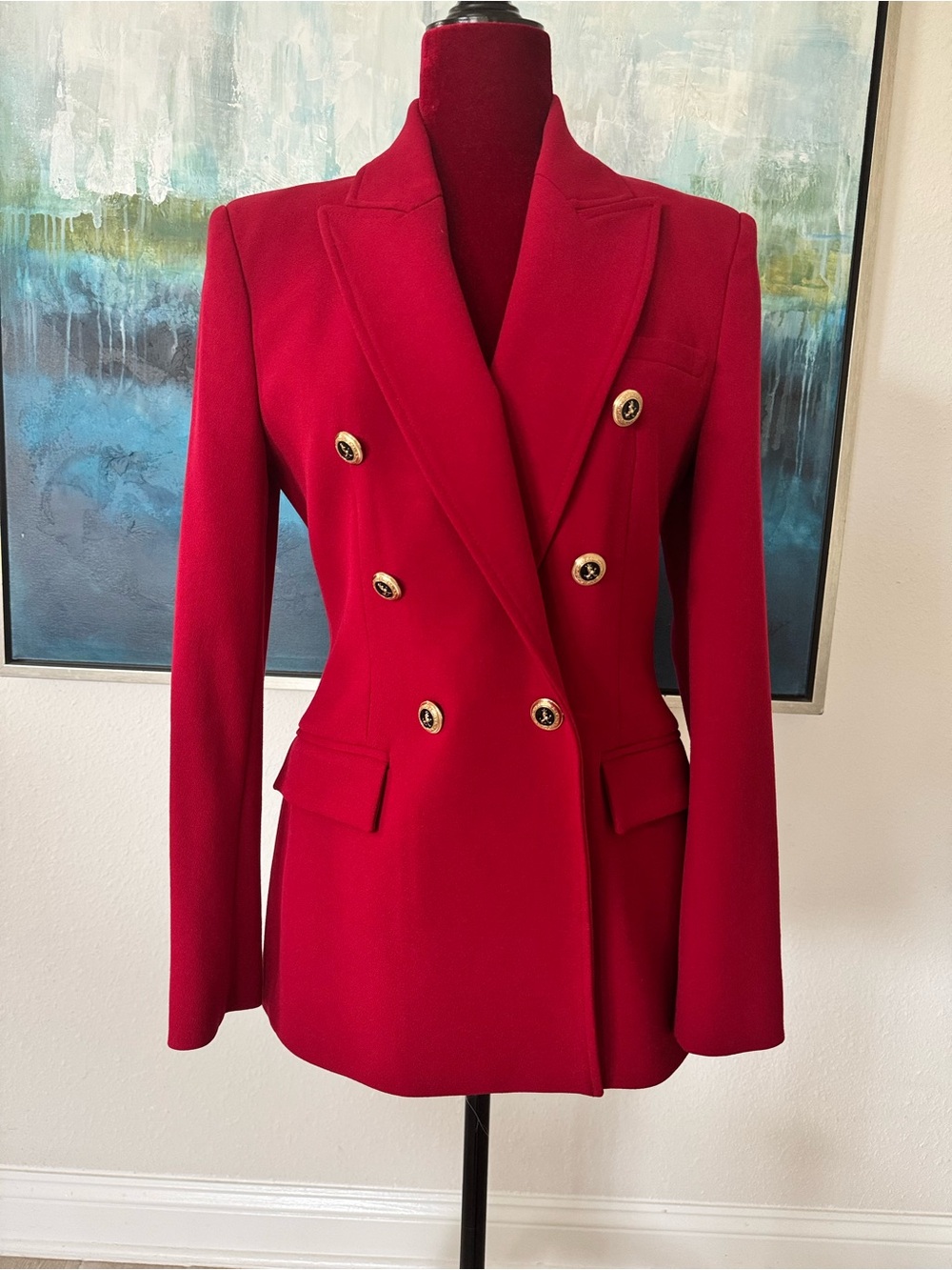 NWOT Zara Red Double-Breasted Blazer with Gold Buttons S Small